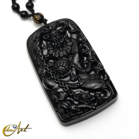 Obsidian amulet with necklace, Zhong Kui