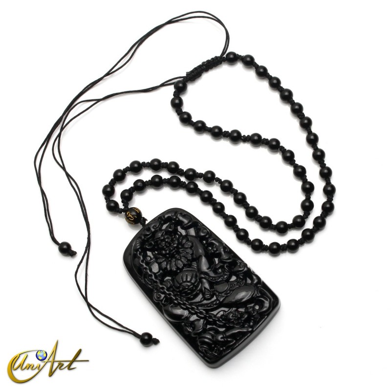 Obsidian amulet with necklace, Zhong Kui