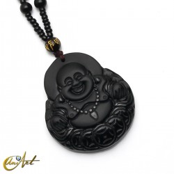 Laughing Buddha obsidian pendant with necklace