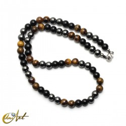 Triple protection necklace with tiger’s eye, obsidian and hematite - 8 mm