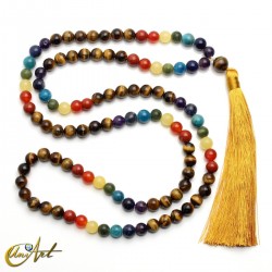 Tiger eye mala beads with chakra stones, 8 mm
