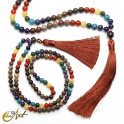 Petrified wood mala beads with chakra stones