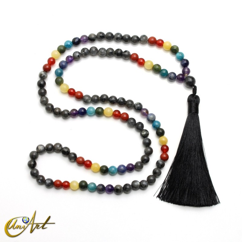Japa mala de los siete chakras con larvikita, 6 mm