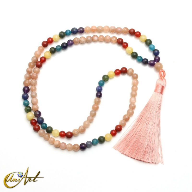 Sunstone mala beads with chakra stones, 6 mm