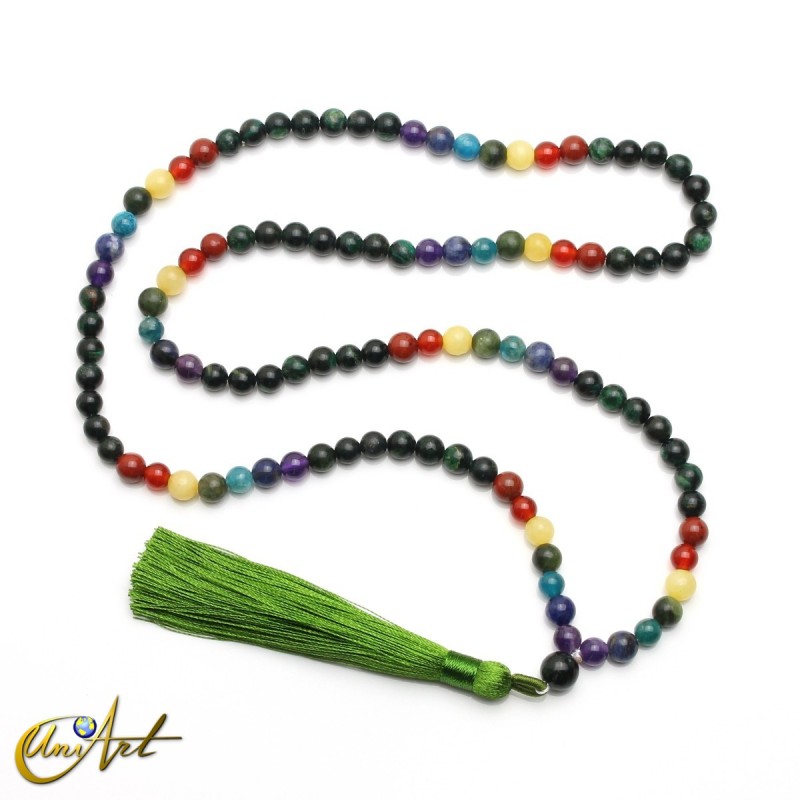 Chakra mala beads with emerald, 6 mm
