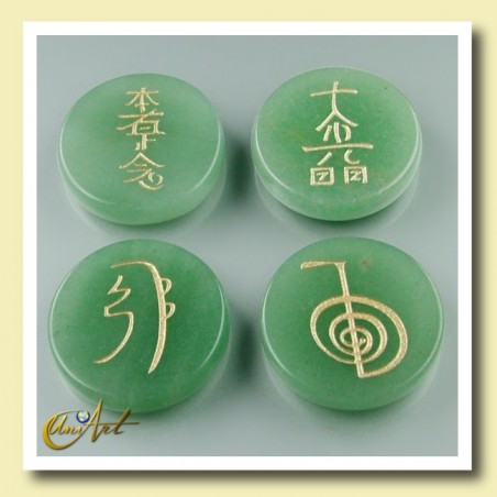 Set of green quartz with Reiki symbols - Round stones