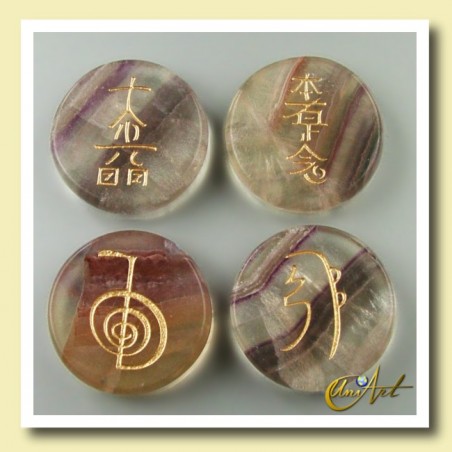 Kit Fluorita con símbolos Reiki - piedras redondas