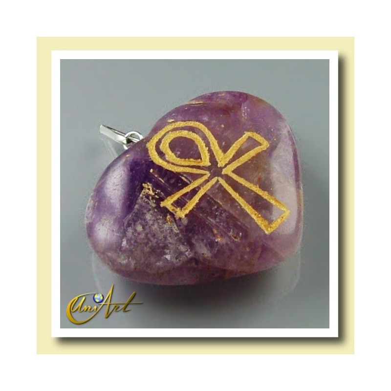 Ankh (Egyptian cross) - Engraved Heart Pendant - Amethyst