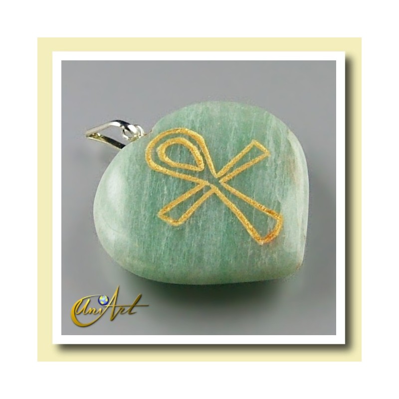 Ankh (Egyptian cross) - Engraved Heart Pendant - green aventurine