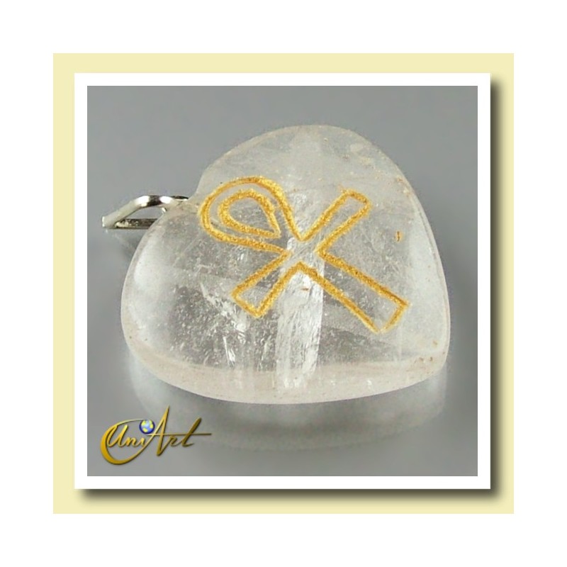 Ankh (Egyptian cross) - Engraved Heart Pendant - Crystal Quartz