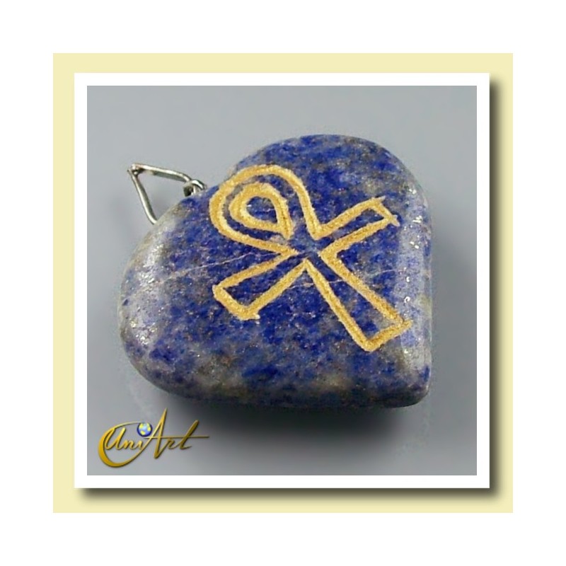 Ankh (Egyptian cross) - Engraved Heart Pendant - Lapis Lazuli