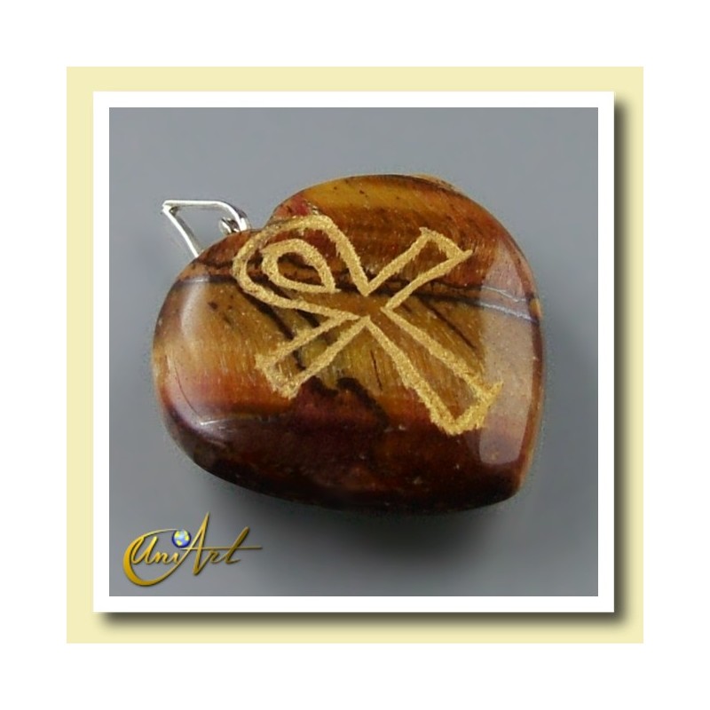 Ankh (Egyptian cross) - Engraved Heart Pendant - Tiger Eye