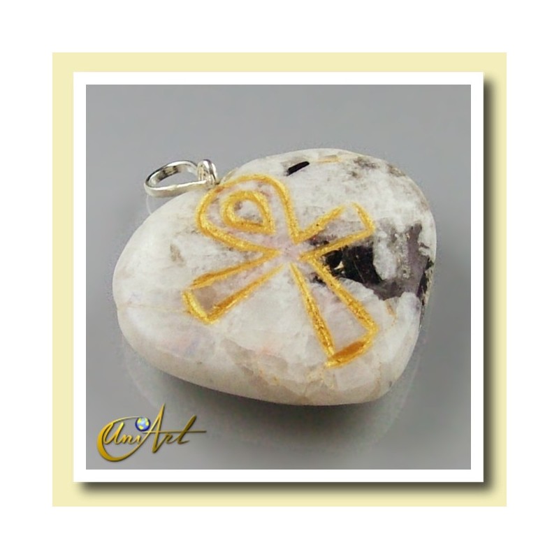 Ankh (Egyptian cross) - Engraved Heart Pendant - moon stone