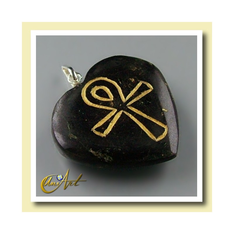 Ankh (Egyptian cross) - Engraved Heart Pendant - black turmaline