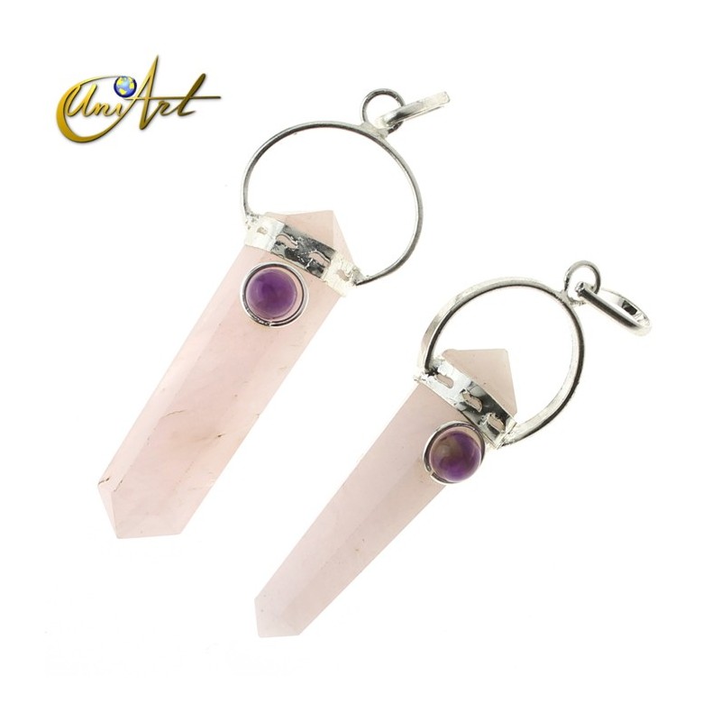 Punta biterminada de cuarzo rosa con gema natural - Colgante - Amatista