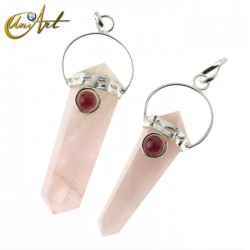 Doble pointed rose quartz pendant with natural gem - Garnet