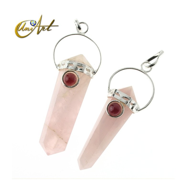 Doble pointed rose quartz pendant with natural gem - Garnet