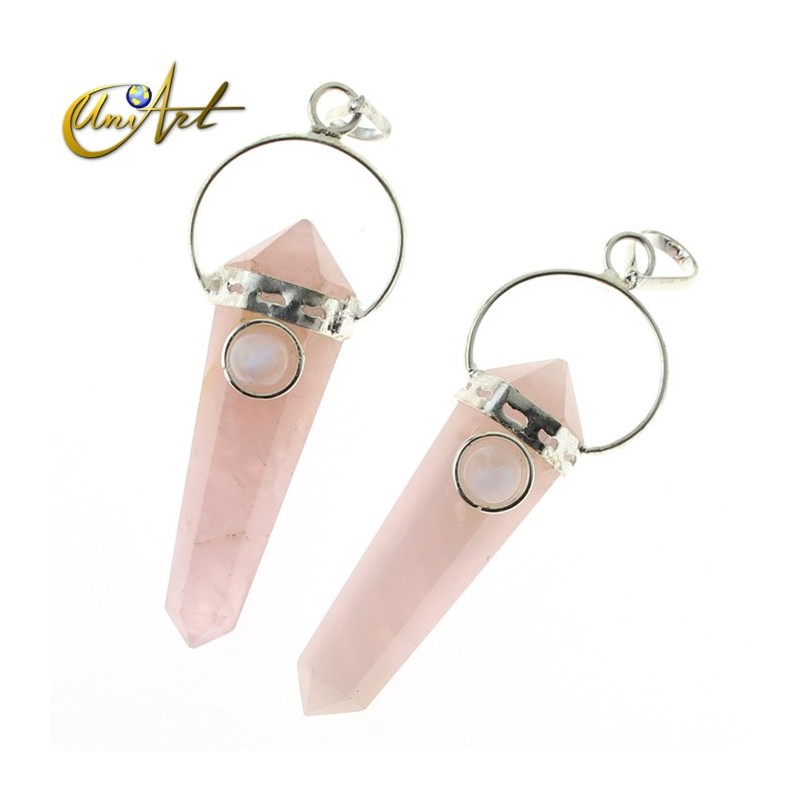Doble pointed rose quartz pendant with natural gem - Moonstone