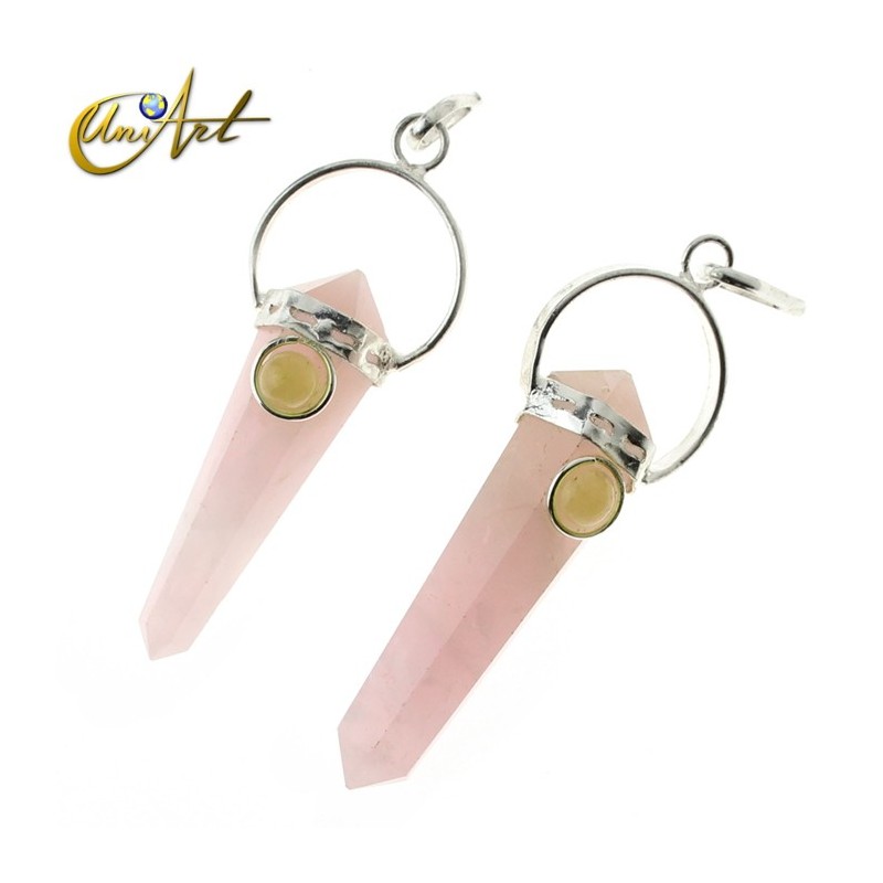 Doble pointed rose quartz pendant with natural gem - Periodot