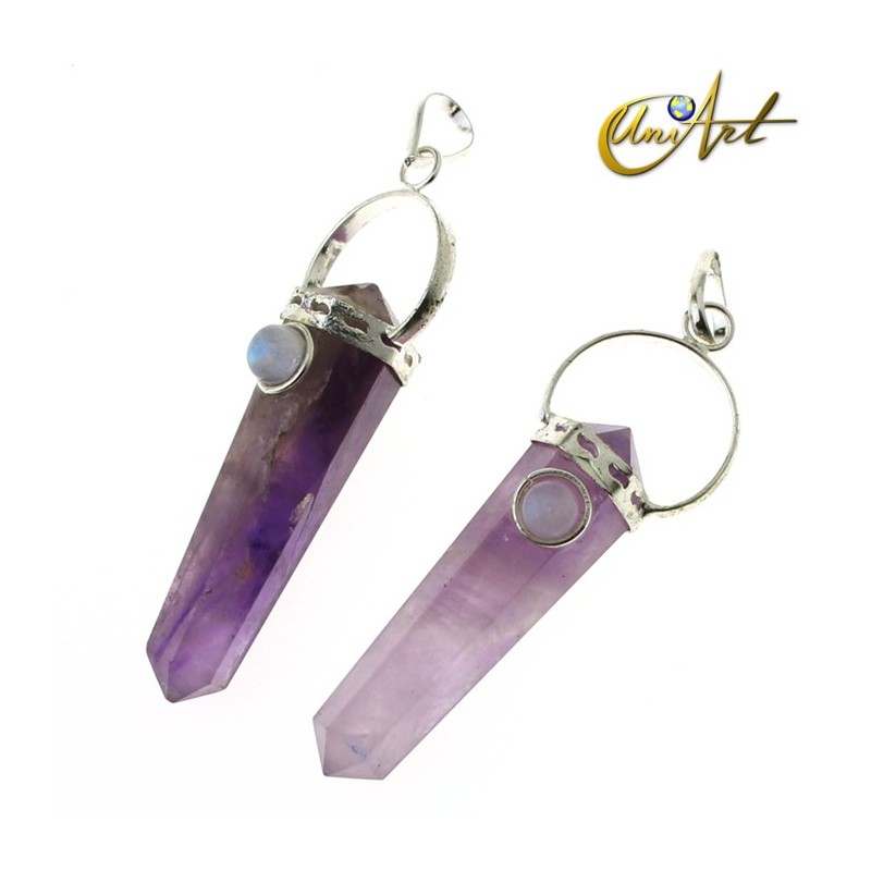Amethyst double-ended tip pendant with natural stone - Moonstone