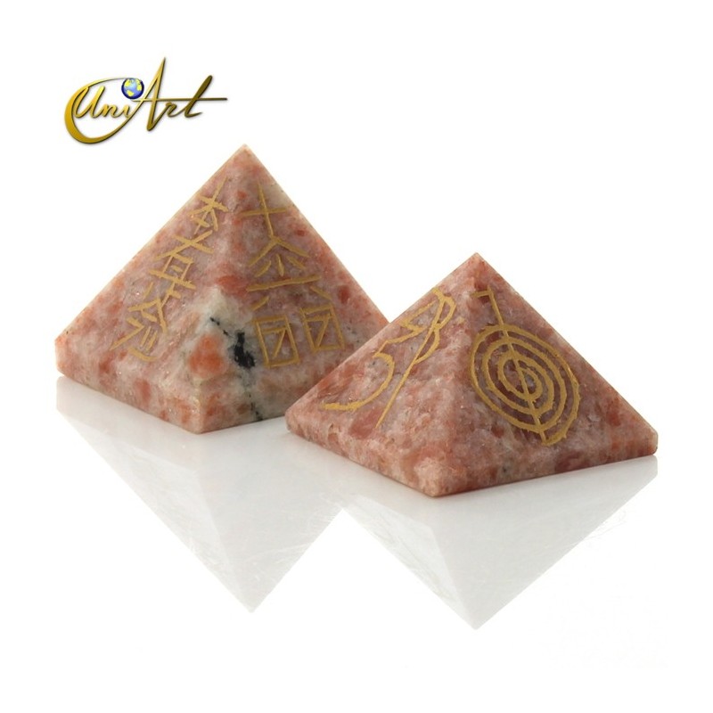 Pyramid with 4 Reiki symbols engraved - Sunstone