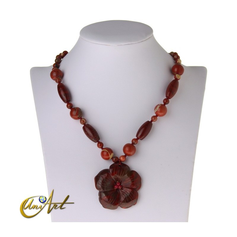 Red jasper necklace with flower pendant