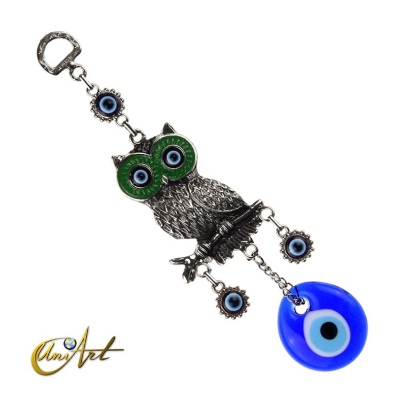 Owl with Turkish evil eye, talisman - green