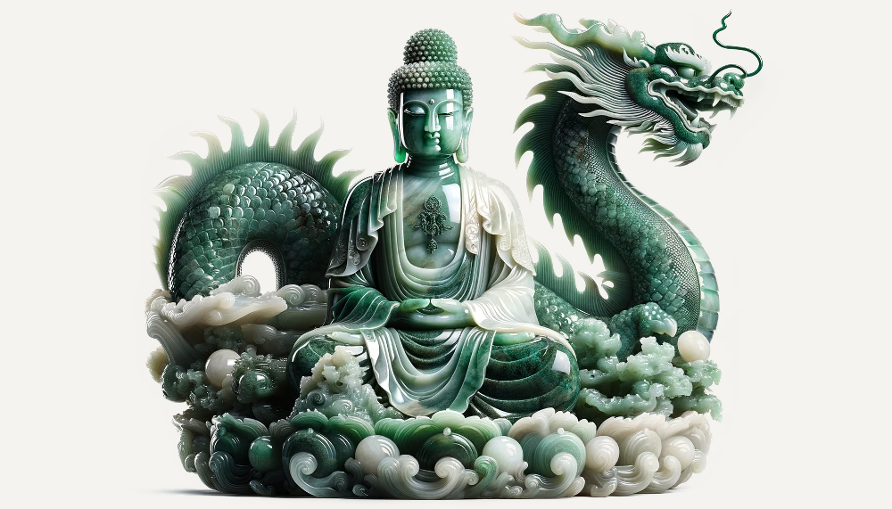 Sculpture of jade depicting a meditating Buddha next to a protective dragon, with a base of stylised waves, in various shades of green jade.