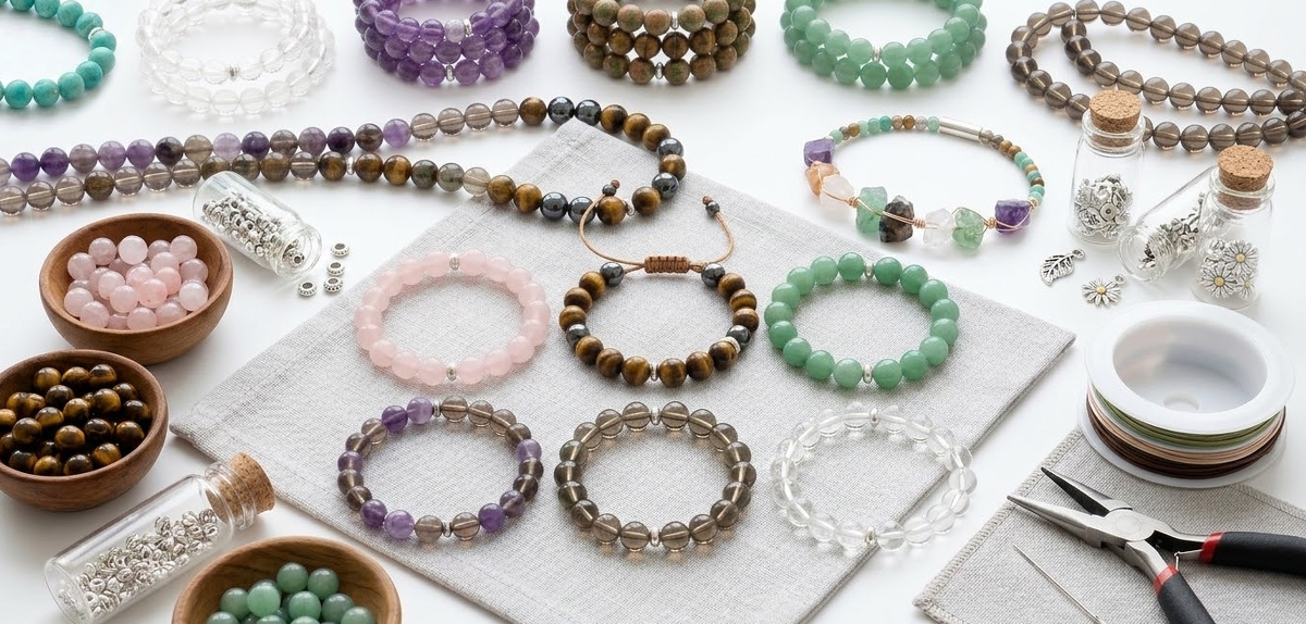 Handmade natural stone bracelets in different types of assembly, including elastic, adjustable and clasped designs