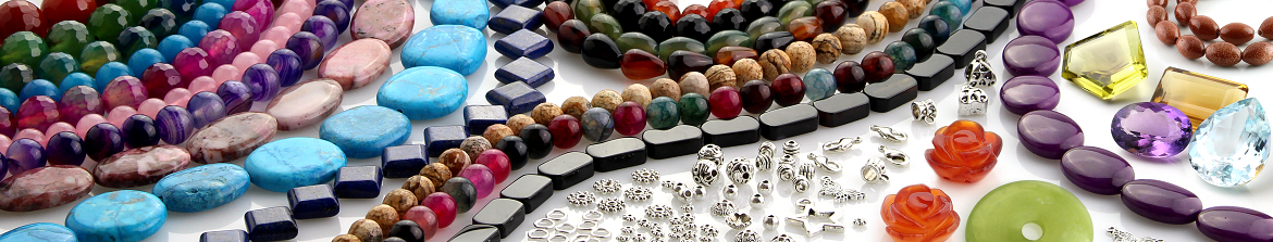 Stones for making handmade bracelets with natural mineral beads in different sizes, colours and formats